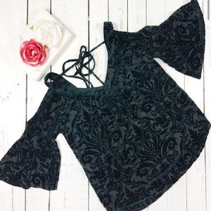 Always Indigo Cold Shoulder Boho Velvet Blouse S